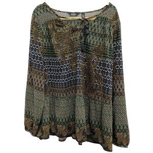 Du Jour Womens Blouse 1X Paisley Chiffon Silky BOHO Peasant Long Sleeve